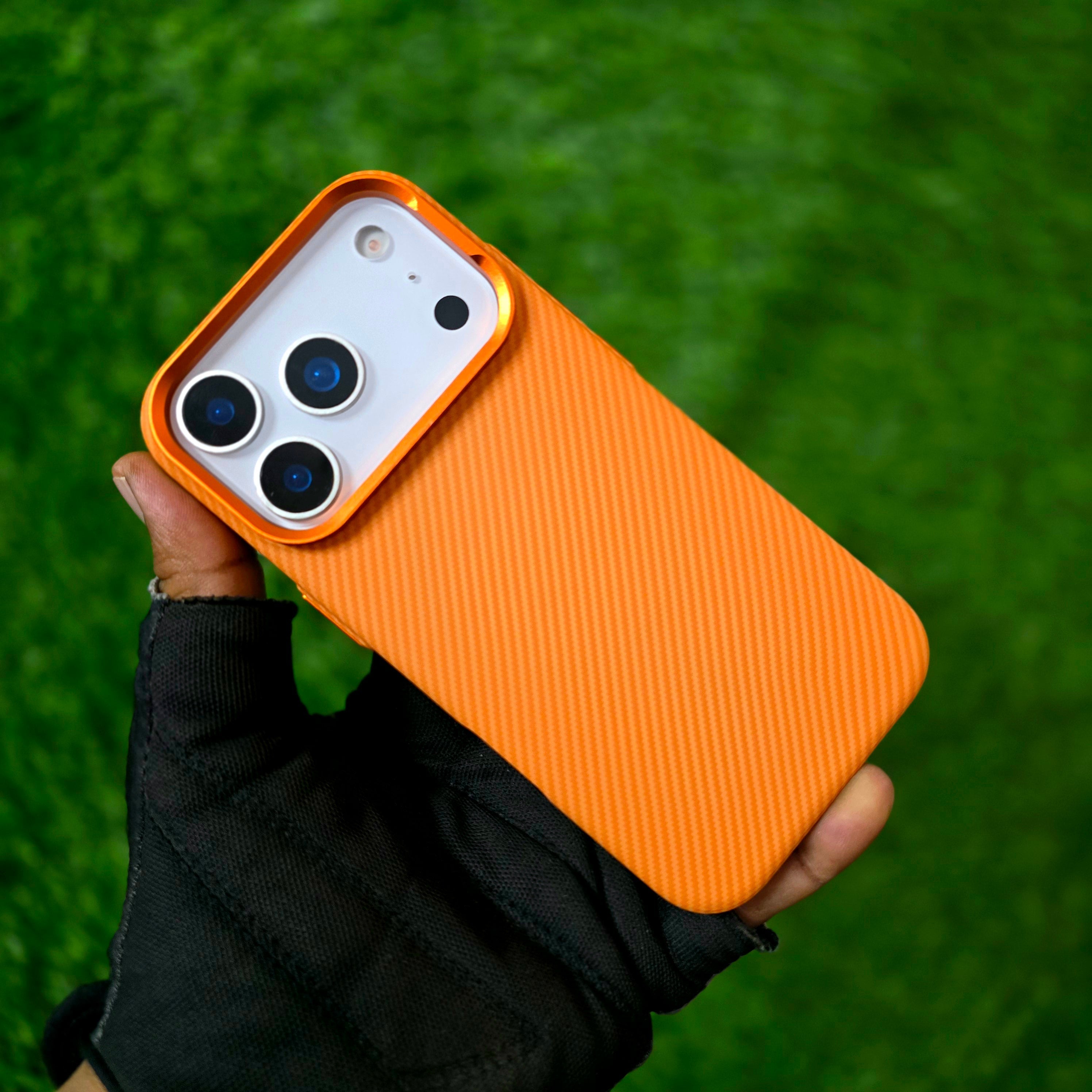 iPhone 17 Pro Carbon Case, 600D Carbon Fiber Texture Hard PC with Magsafe - Orange